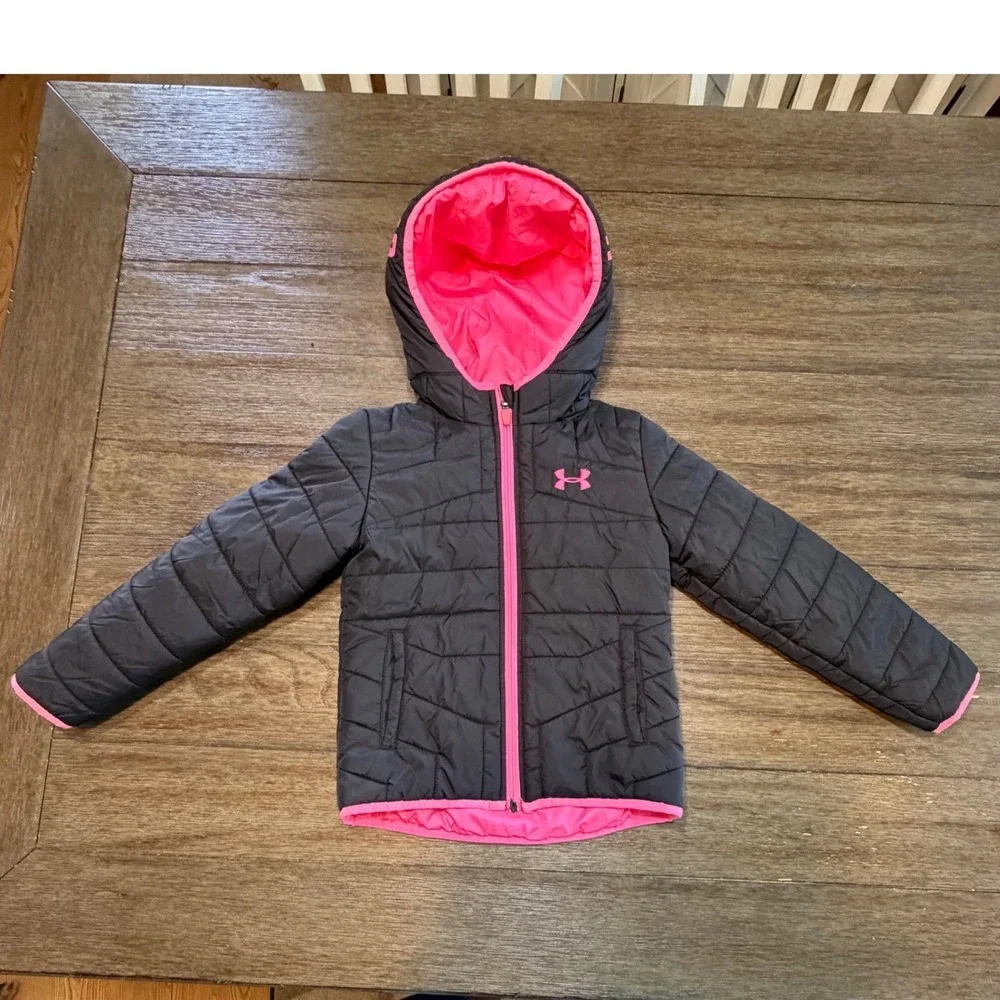 Under Armour Kids 5 Puffer Jacket Black Pink Quilted Hooded Full Zip Insulated